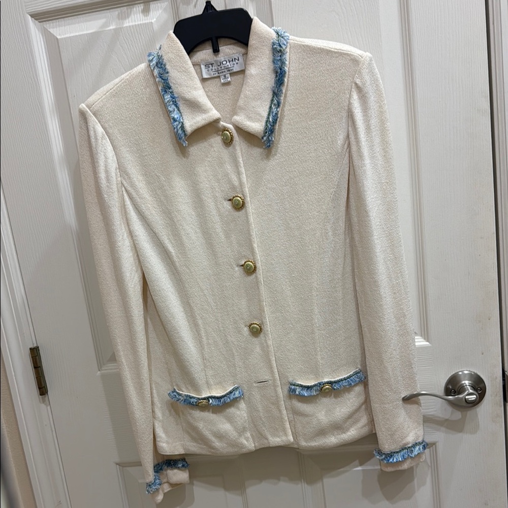 St. John Cream and Blue Blazer Knit Elegance